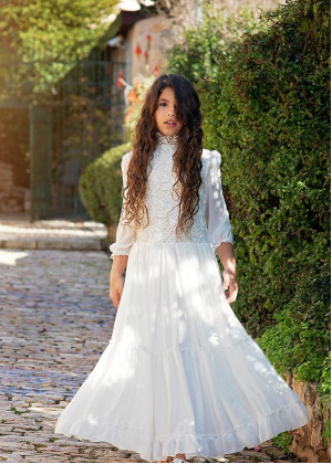 High Neck Ivory Lace Chiffon Keyhole Back Flower Girl Dress